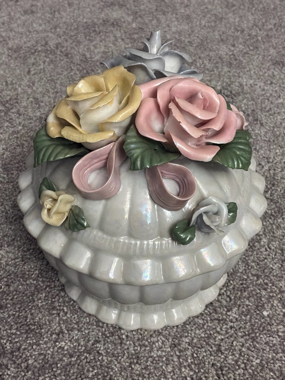 Trinket Box in White with Pink, Blue & Yellow Roses